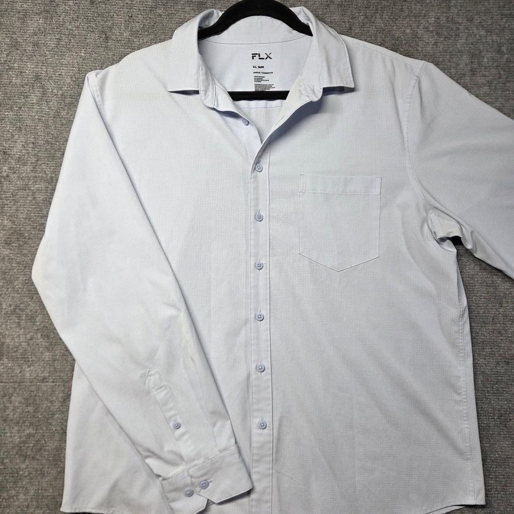 FLX Urban Commuter Shirt Mens XL Slim Light Blue Micro Grid Performance Stretch